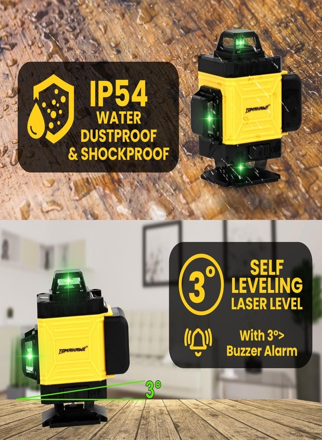 TOMAHAWK® LEV-1616-16 Lines Green Laser Level Pro - 4x360° 4D Green Cross Self-Levelling Professional Laser Line for Construction with Two 360° Vertical/Horizontal Laser Level (Yellow Edition) - Image 3